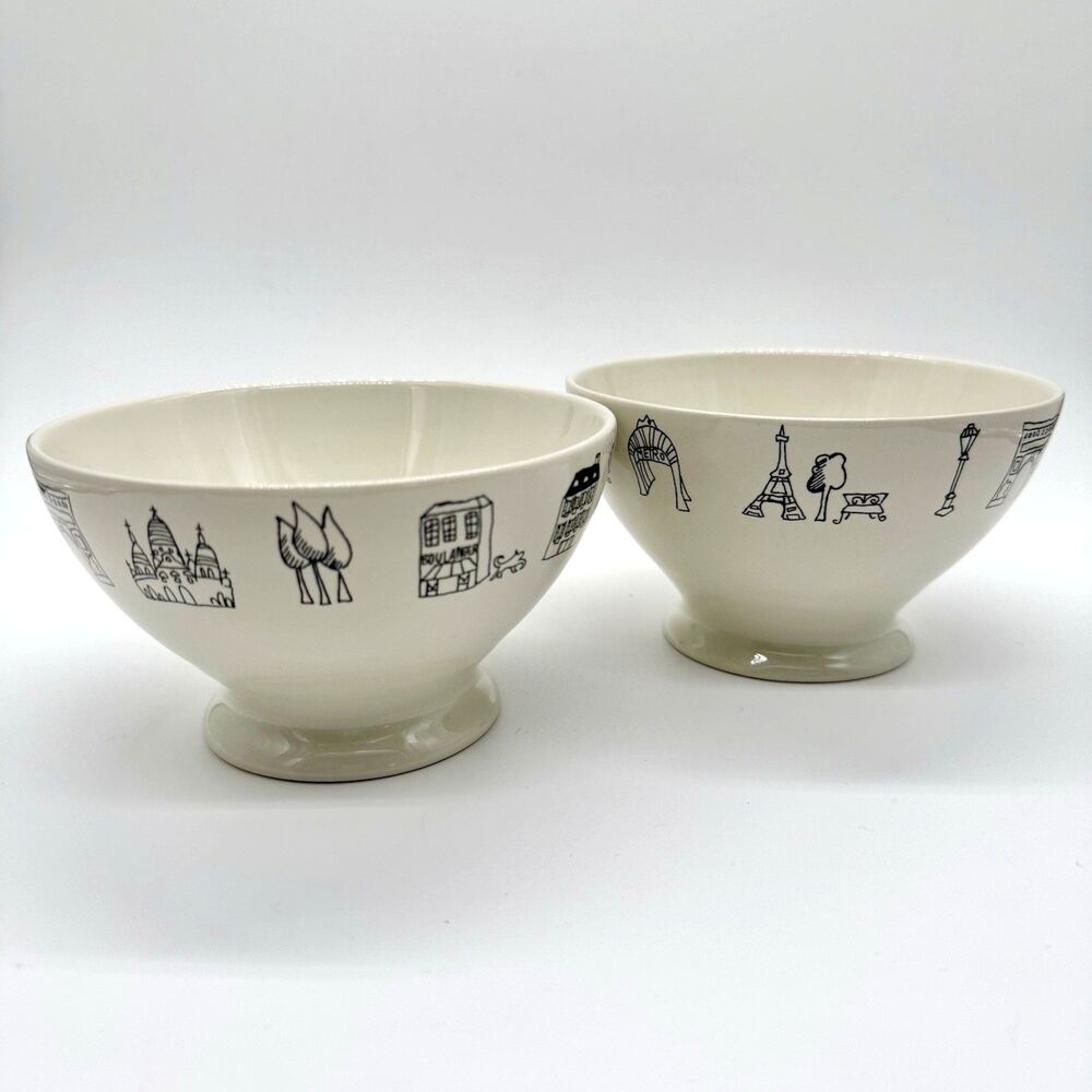 KISS THAT FROG Set of 2 Footed Cafe Au Lait Bowls White Ca C'est Paris Eiffel